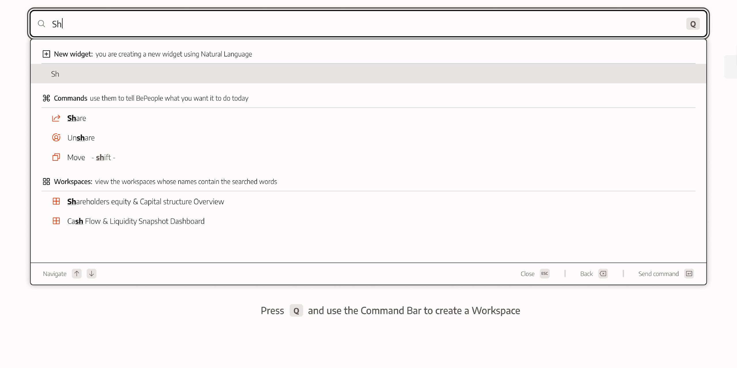 Command palette showing ranked results while typing